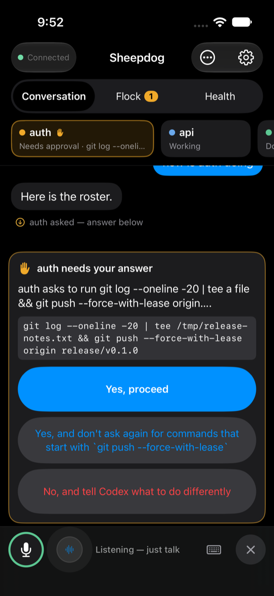 Sheepdog conversation tab with an approval card for a git push